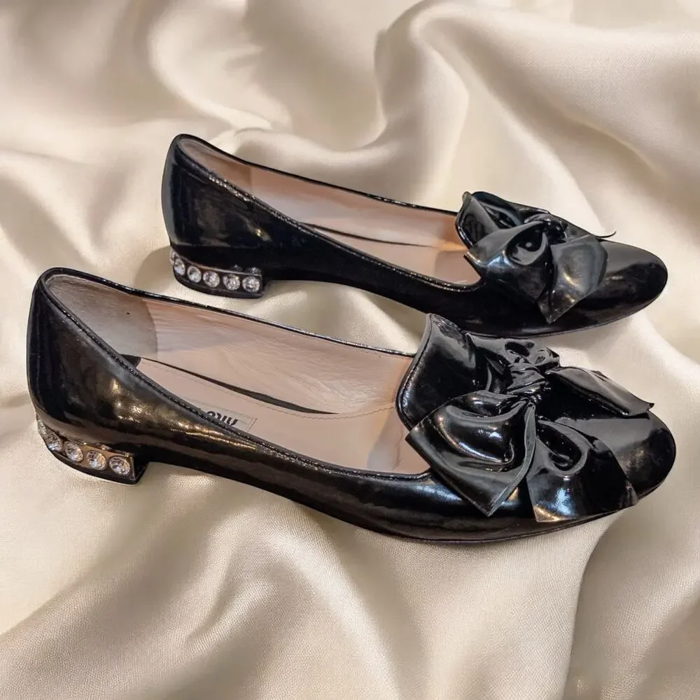 Miu Miu Black Patent Bow Ballet Flats Rhinestone Heel Size 38.5 EU US 8.5